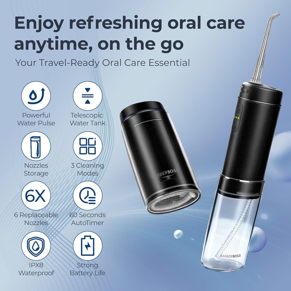 SnelShoppen - Draadloze Water Flosser, Draagbare Mondirrigator, 3 Drukniveaus, 6 Tips, IPX8 Waterreservoir, USB-C Oplaadbare Pocket Flosser, Zwart thumbnail 2