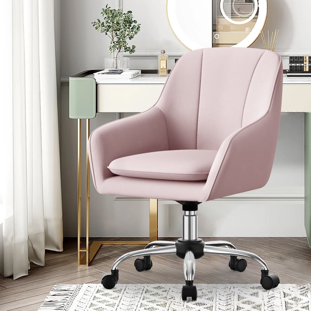 Hiaonyx Bureaustoel-Ergonomische bureaustoel-bureaustoelen voor volwassenen-Dubbel gelaagd zitkussen-360 graden draaibaar-Metalen onderstel-Roze thumbnail 8