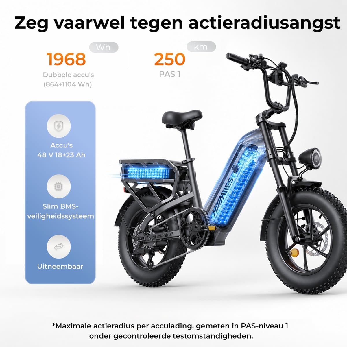 HillMiles MileLink 1 Elektrische fiets 250W 25km/u met achterdrager voor zware lading, 16x4 brede banden hydraulische remmen stads en terreinfiets met 48V 18Ah accu, 65Nm, groen thumbnail 2