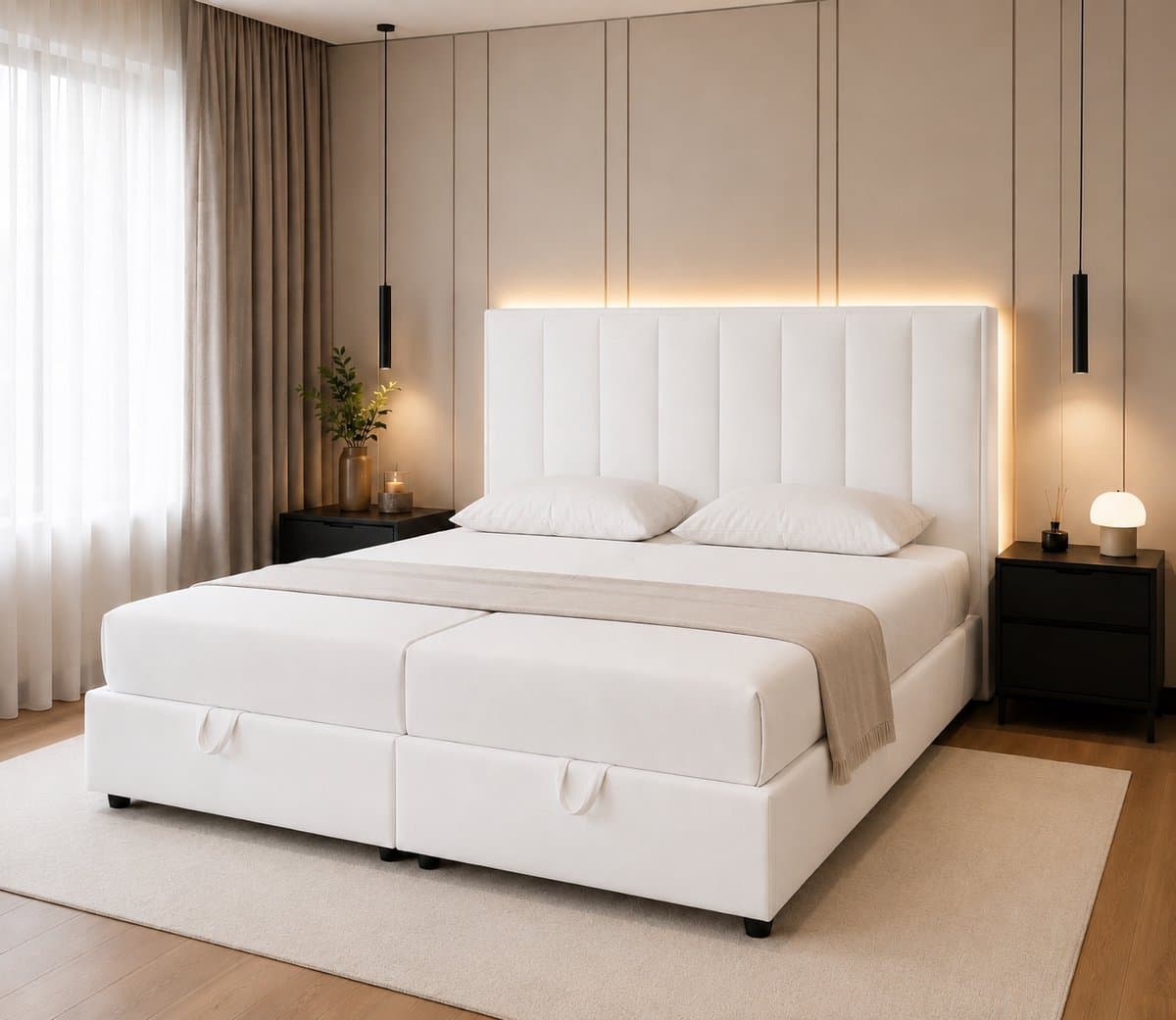 Luxe Boxspring 180x200 cm met Opbergruimte en Matras – Wit – Tweepersoonsbed met Hoofdbord