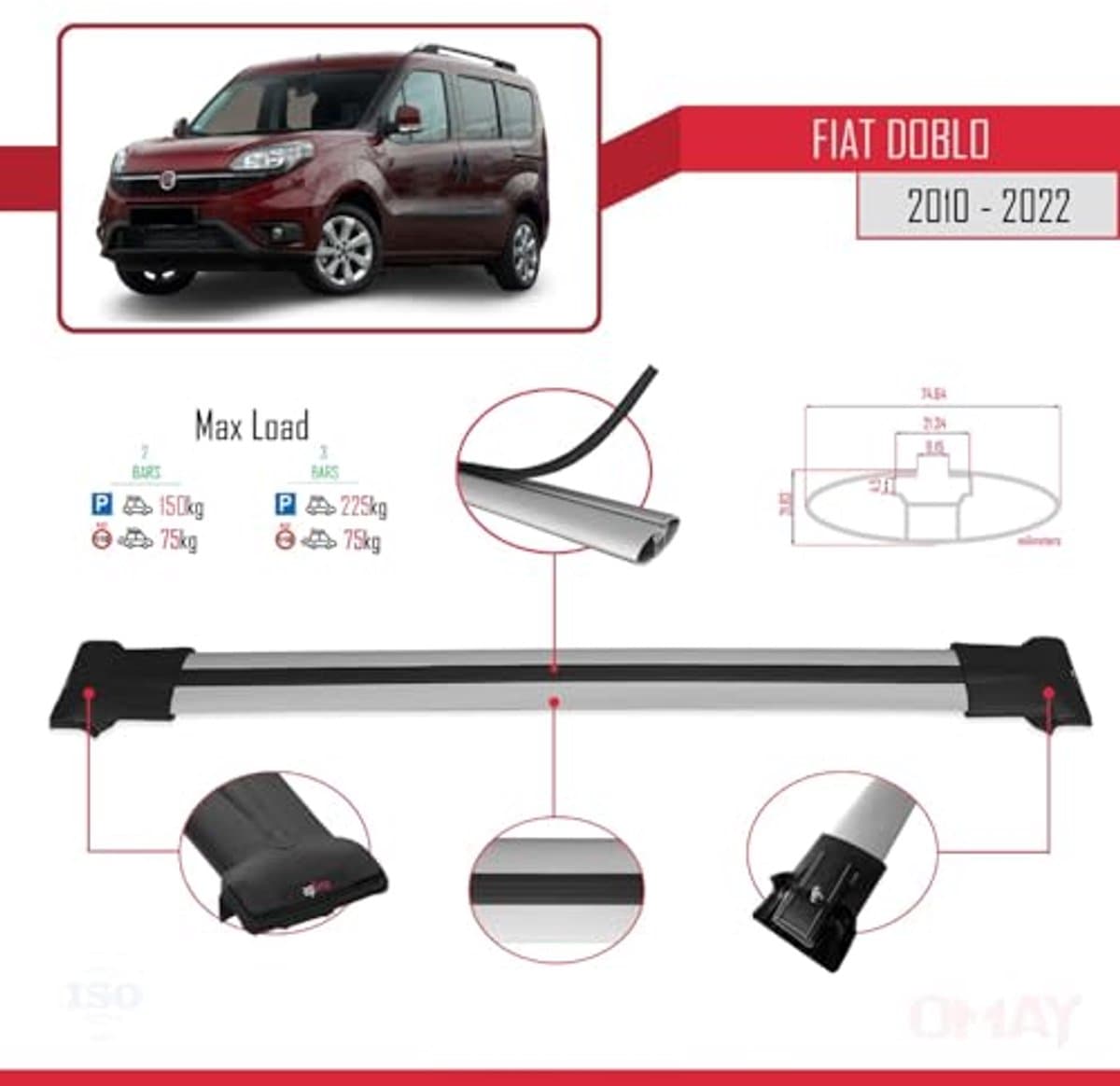 Dakdrager voor Fiat Doblo 2 (2010-2022) - Aluminium Spoorstaven voor Fietsen, Ski's en Dakkoffers thumbnail 5