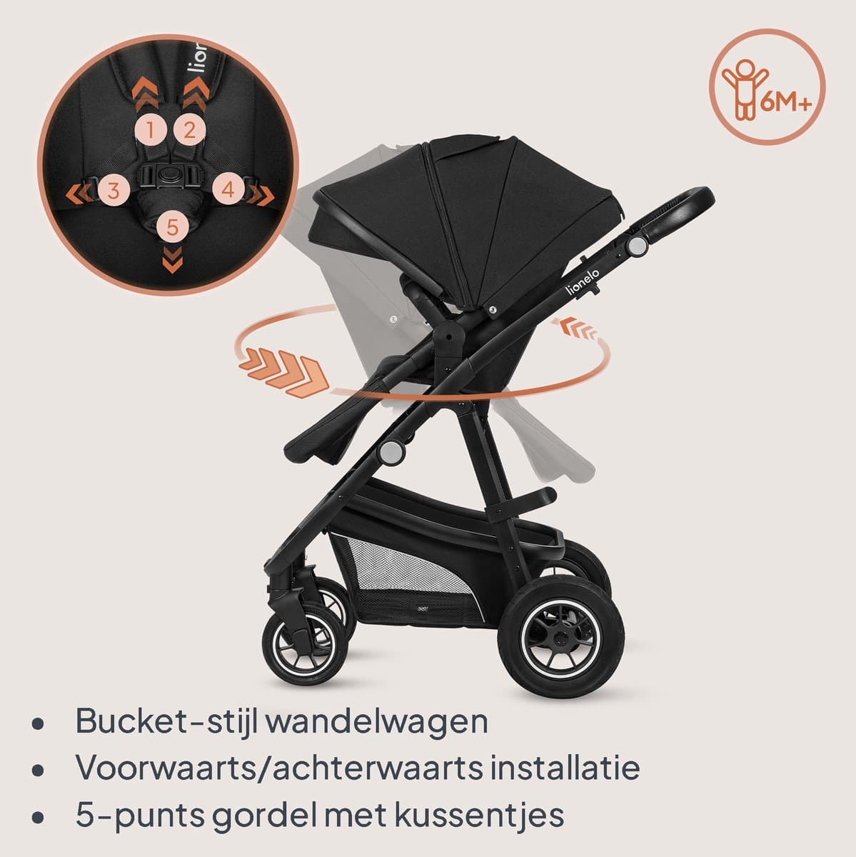 Lionelo Bianka Kinderwagen 3 in 1 - Reiswieg + Wandelwagen + Autostoel - Grote Luchtbanden, Volledige Vering - Inklapbaar - Verstelbare duwstang - Buggy Omkeerbare Zitting - 0-22kg - Accessoireset - Zwart thumbnail 5