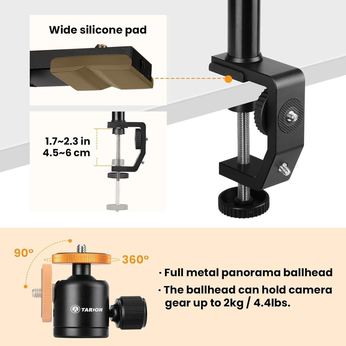 C-klem tafel standaard cameramontage met 1/4 inch schroef balhoofd - verstelbare verlengstang 33-60 cm - vlogging livestream fotografie - filmen - fotostudio licht thumbnail 7