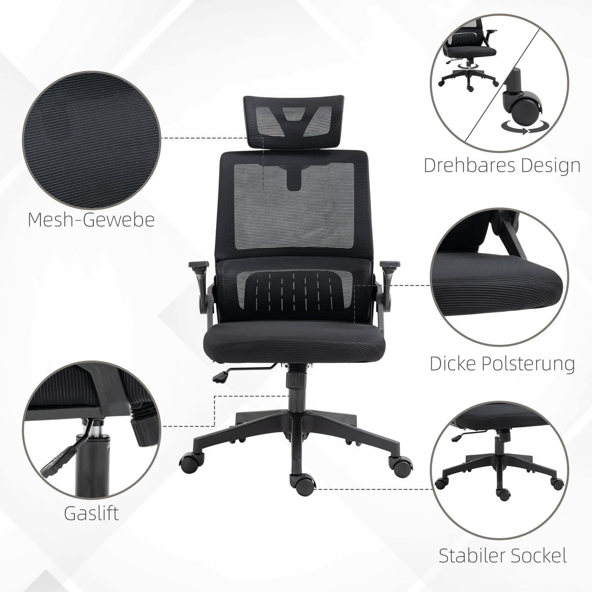 Vinsetto Bureaustoel Ergonomisch, Bureaustoel met Verstelbare Hoofdsteun, Armleuning Hoogte Verstelbare Computerstoel Draaistoel met Schommelfunctie, Lendensteun, Mesh, Zwart thumbnail 2