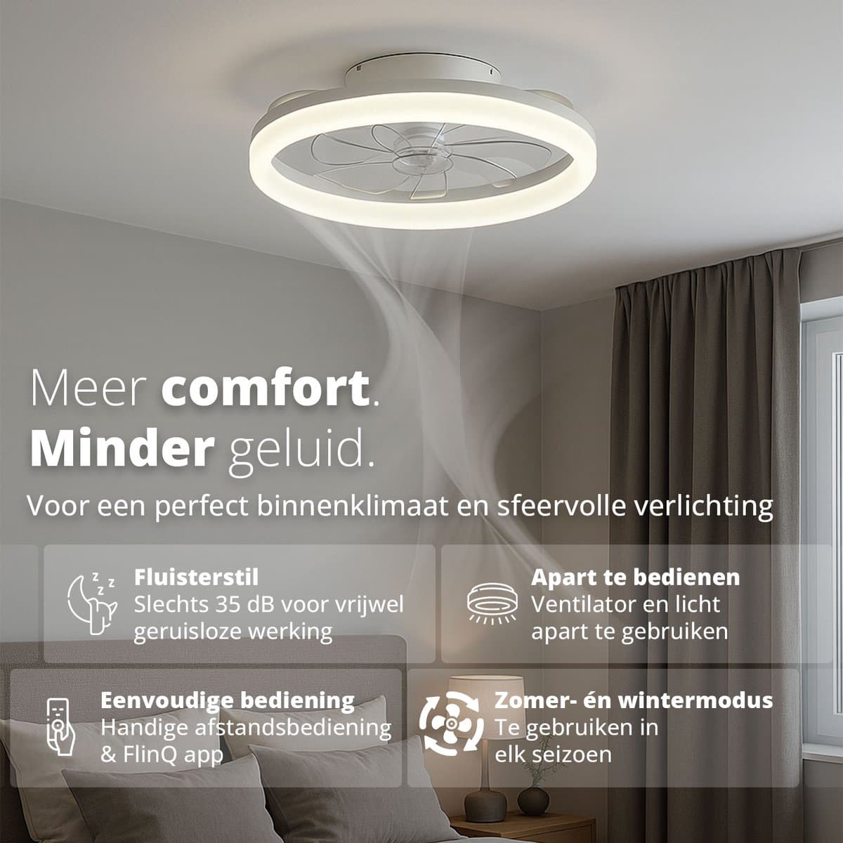 FlinQ AeroGlow Smart Plafondventilator met Verlichting - Ventilator voor aan het Plafond - Ideaal voor op de Slaapkamer - Bestuurbaar met App of Afstandsbediening - Wit thumbnail 7