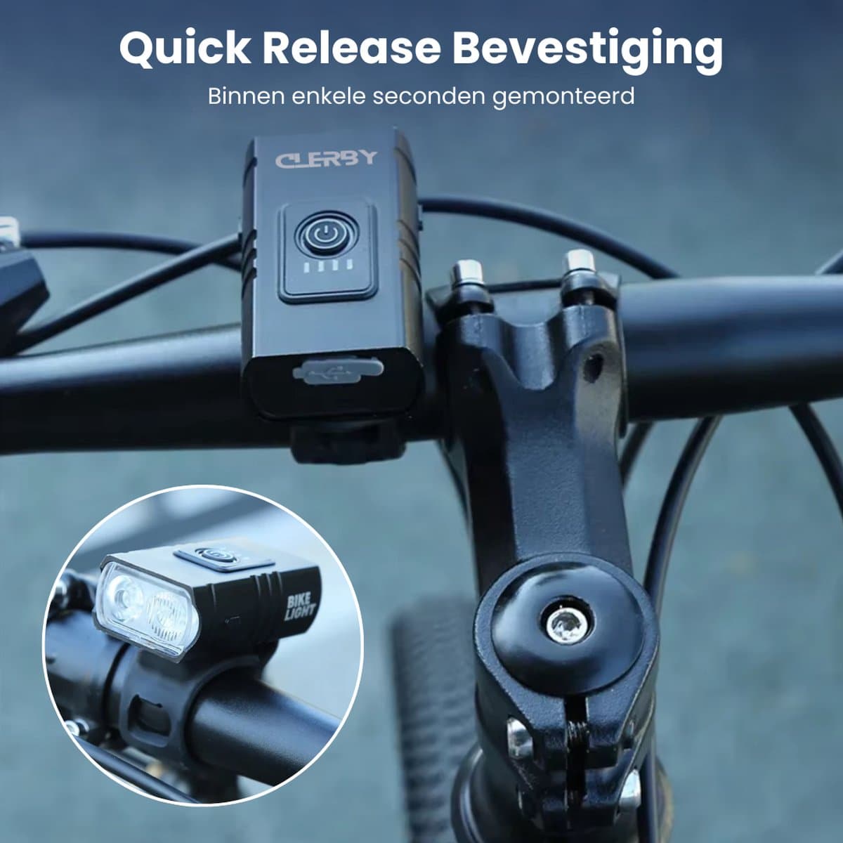 Clerby - Fietsverlichting Set LED - Fietslamp USB Oplaadbaar - Voorlicht en Achterlicht - Fietslicht - USB Oplaadbaar - Fietslampjes - Waterdicht - Zwart thumbnail 7
