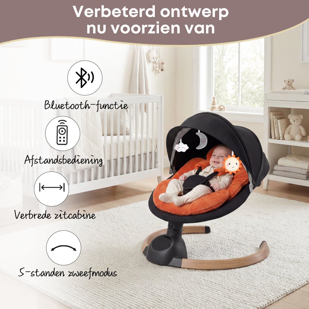3Babies® Baby Swing – Elektrisch Wipstoel – Babyschommel – Elektrische Schommelstoel baby – Wasbare Bekleding – Afstandsbediening en App – Teddy Materiaal – Oranje en zwart thumbnail 5