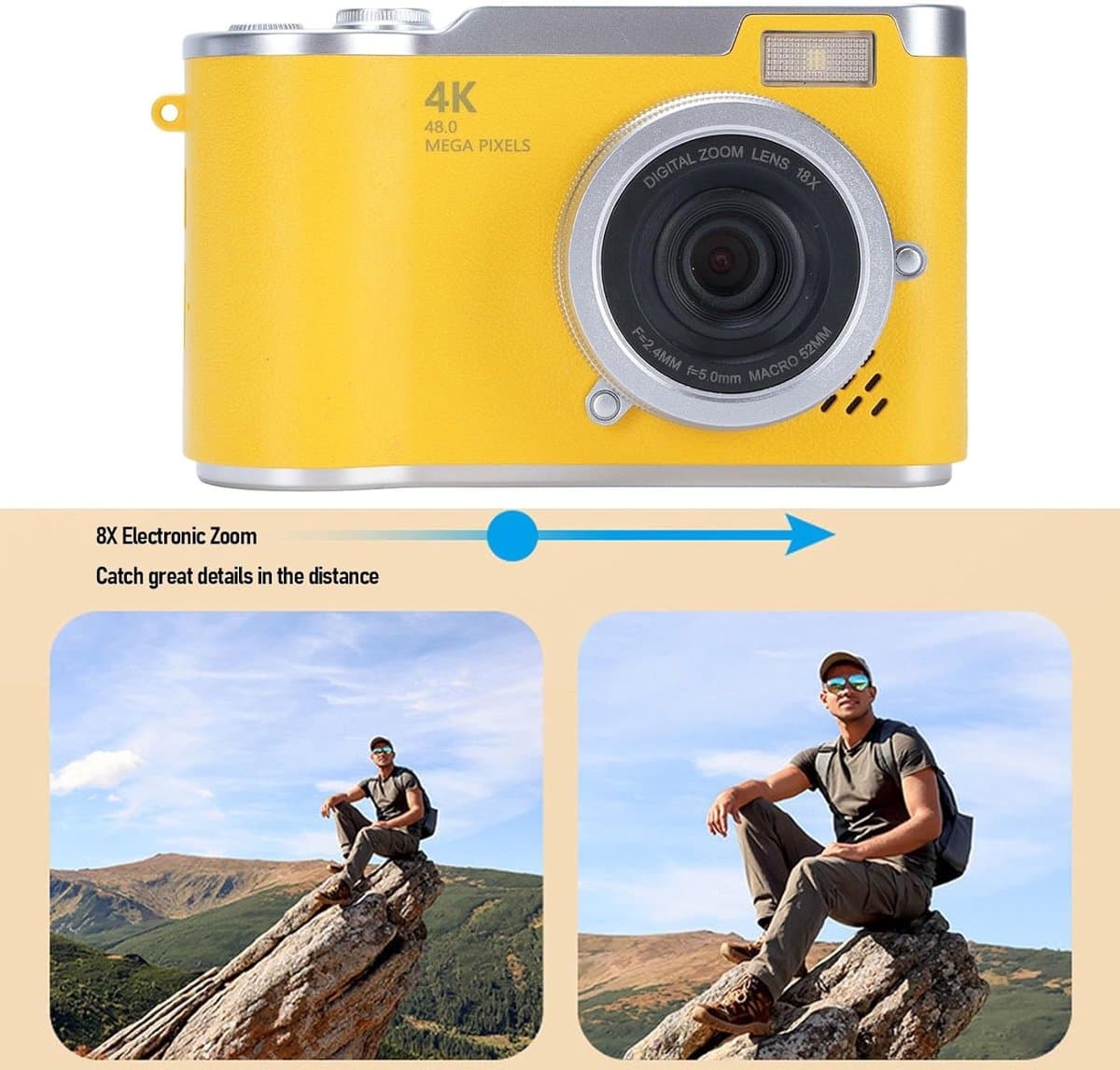 Digitale camera - 1080P HD 48MP digitale point-and-shoot camera met 2,4 inch HD-klapscherm, ingebouwde LED-vullamp, 8x digitale zoom, voor tieners en studenten - met 32G geheugenkaart (geel) thumbnail 8
