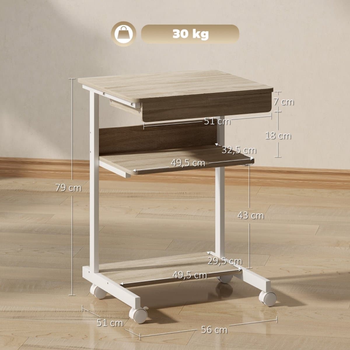 STILVORA Bureau 56 X 51 Cm - Met Lade En Planken - Op Wielen Met Rem - Voor Kleine Ruimtes En Thuiswerken - Hout Eiken thumbnail 4