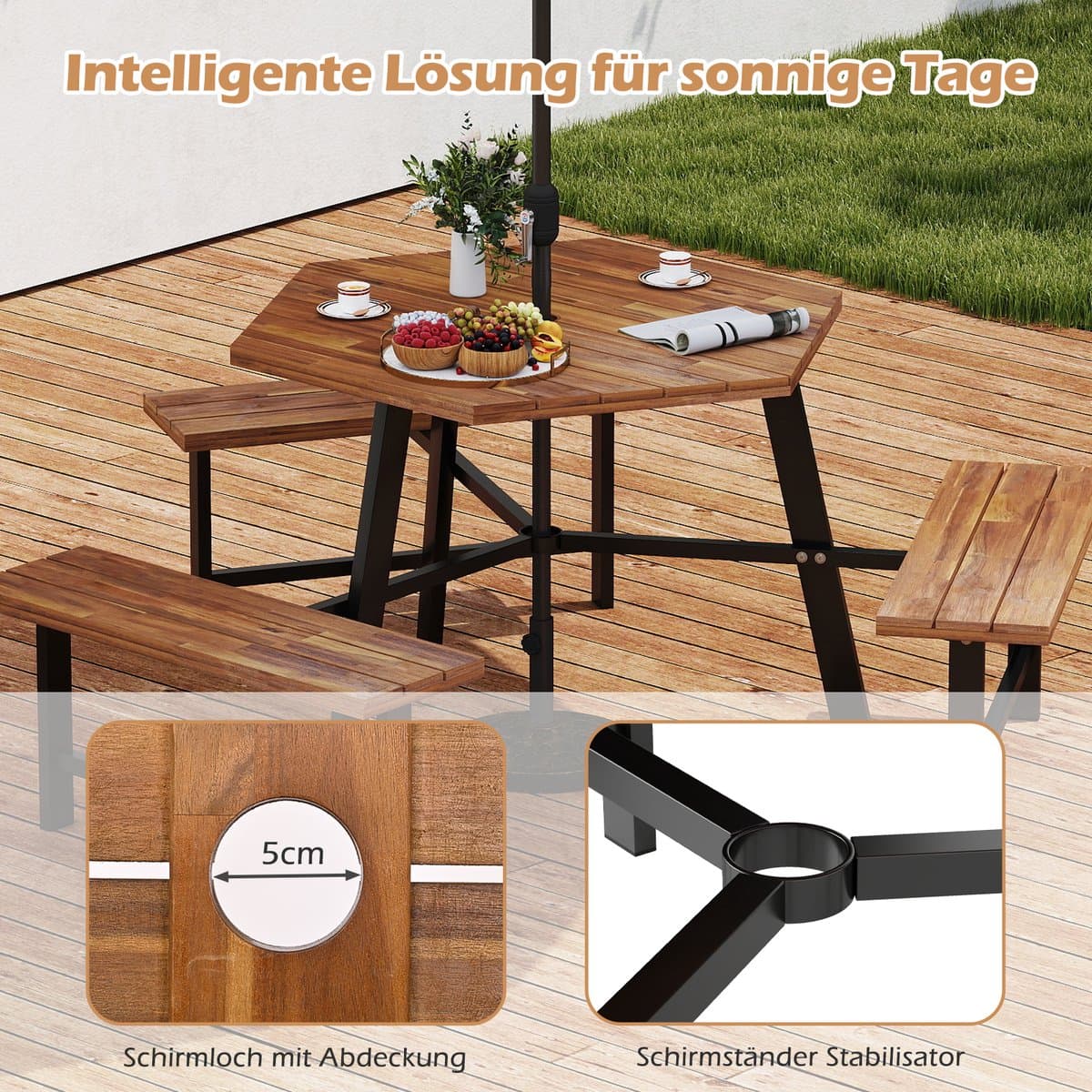 COSTWAY Picknicktafelset voor 6 personen, tuintafel van acaciahout met parasolgat en 3 banken, terrasmeubels, tuinmeubelen, zitgroep, zitgroep voor tuin, terras thumbnail 3