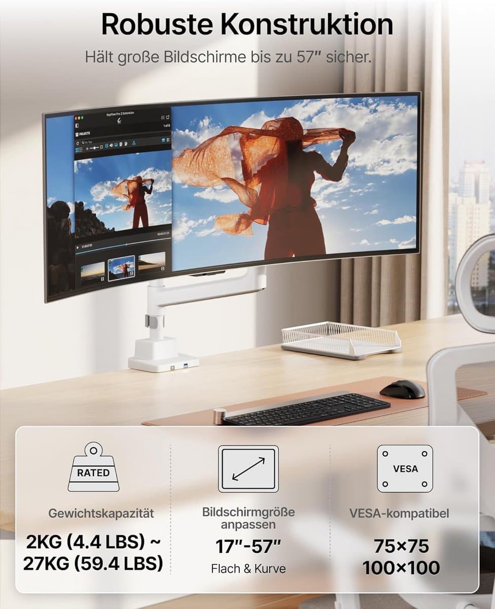 Zware Enkele Monitorarm voor Grote Schermen tot 57 Inch en 27 KG thumbnail 3