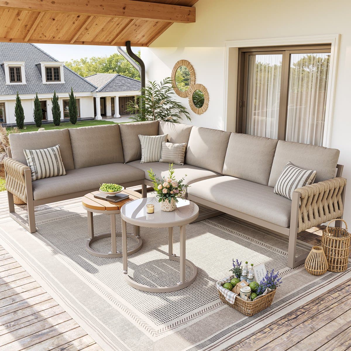 OKWISH Tuinloungeset 5 Tot 6 Personen - Modulair Met Verstelbare Tafelpoten - Balkon Tuin Terras - Metaal Olefin - Beige thumbnail 4