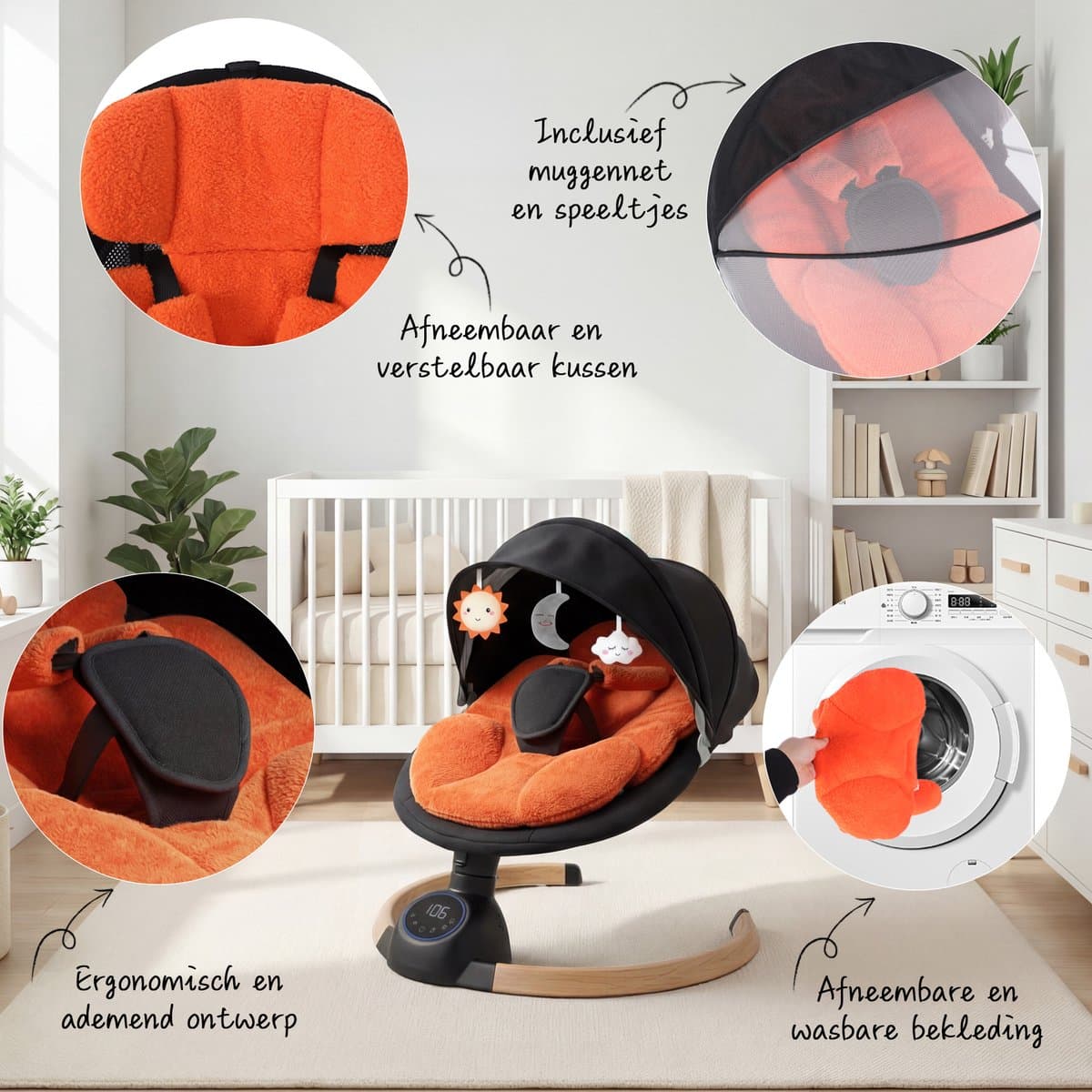 3Babies® Baby Swing – Elektrisch Wipstoel – Babyschommel – Elektrische Schommelstoel baby – Wasbare Bekleding – Afstandsbediening en App – Teddy Materiaal – Oranje en zwart thumbnail 3