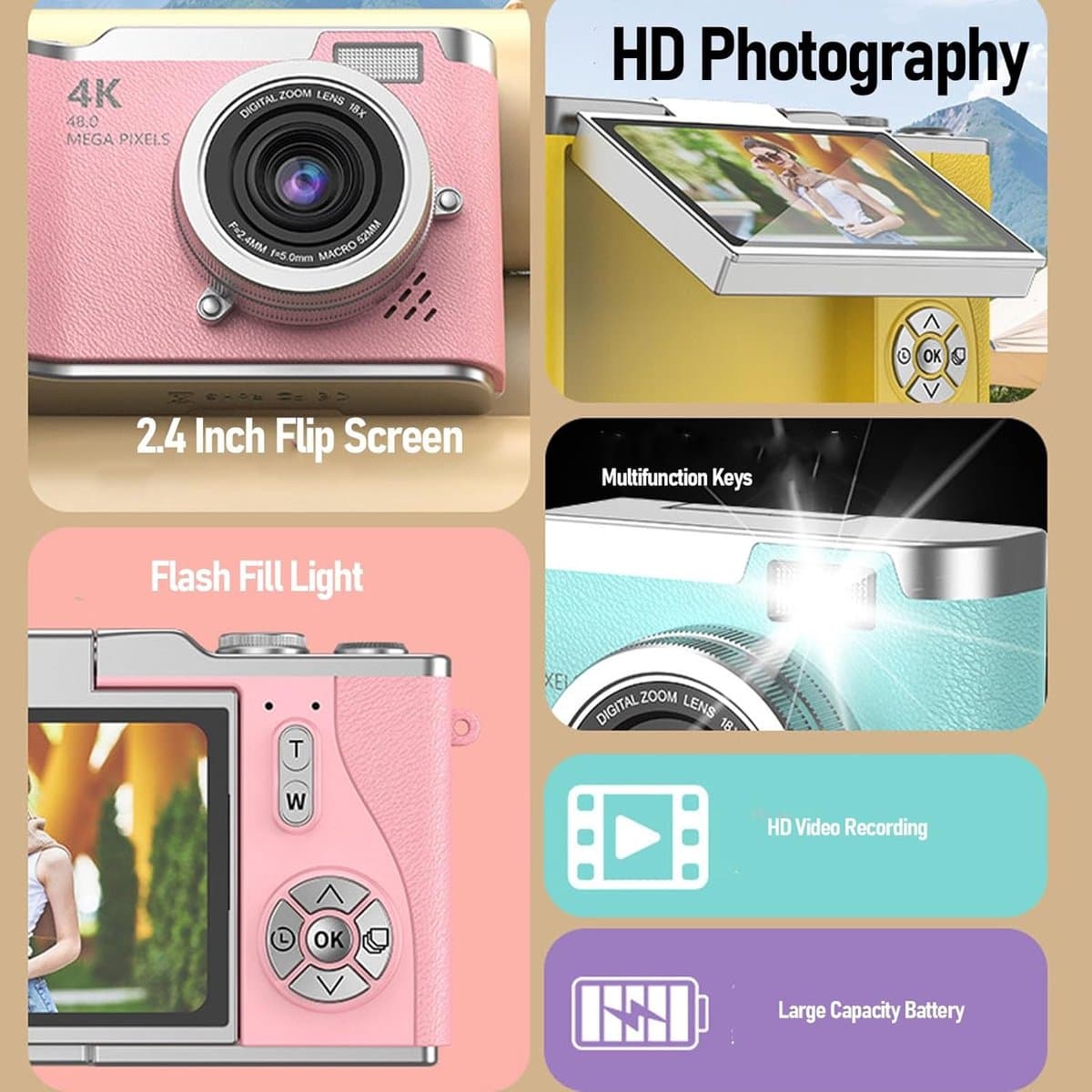 Digitale camera - 1080P HD 48MP digitale point-and-shoot camera met 2,4 inch HD-klapscherm, ingebouwde LED-vullamp, 8x digitale zoom, voor tieners en studenten - met 32G geheugenkaart (geel) thumbnail 6