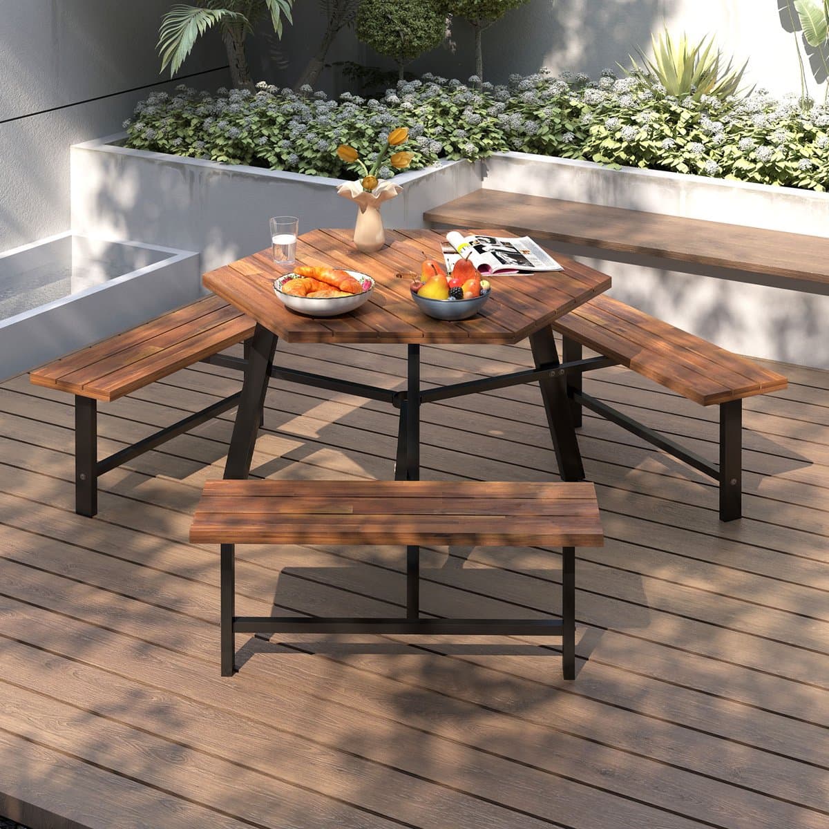 COSTWAY Picknicktafelset voor 6 personen, tuintafel van acaciahout met parasolgat en 3 banken, terrasmeubels, tuinmeubelen, zitgroep, zitgroep voor tuin, terras thumbnail 8