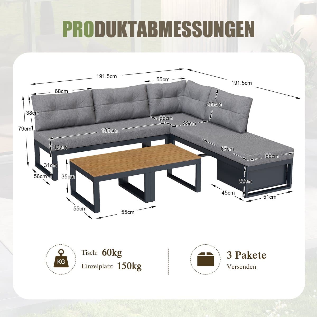 Sweiko Tuin loungeset - Hoekbank + salontafel - Verstelbare rugleuning - Met kussens - Opbergruimte - Grijs thumbnail 2