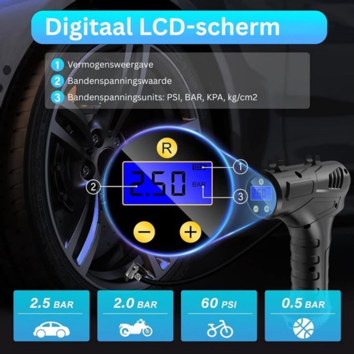 Thuys - Autobanden Pomp - Elektrische Fietspomp - Compressor - Luchtcompressor - Zwart thumbnail 6