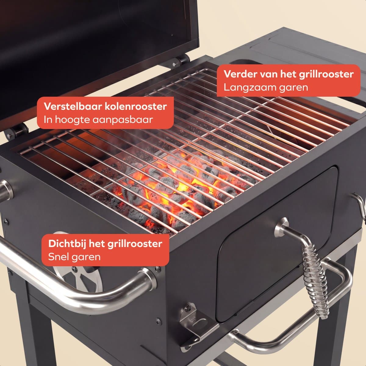 KitchenBrothers Houtskool BBQ Midi - Barbecue Houtskool - RVS Grillroosters - PFAS-Vrij - Met Aslade - 30x40 cm Grilloppervlak - Vaderdag Cadeau - Zwart thumbnail 5