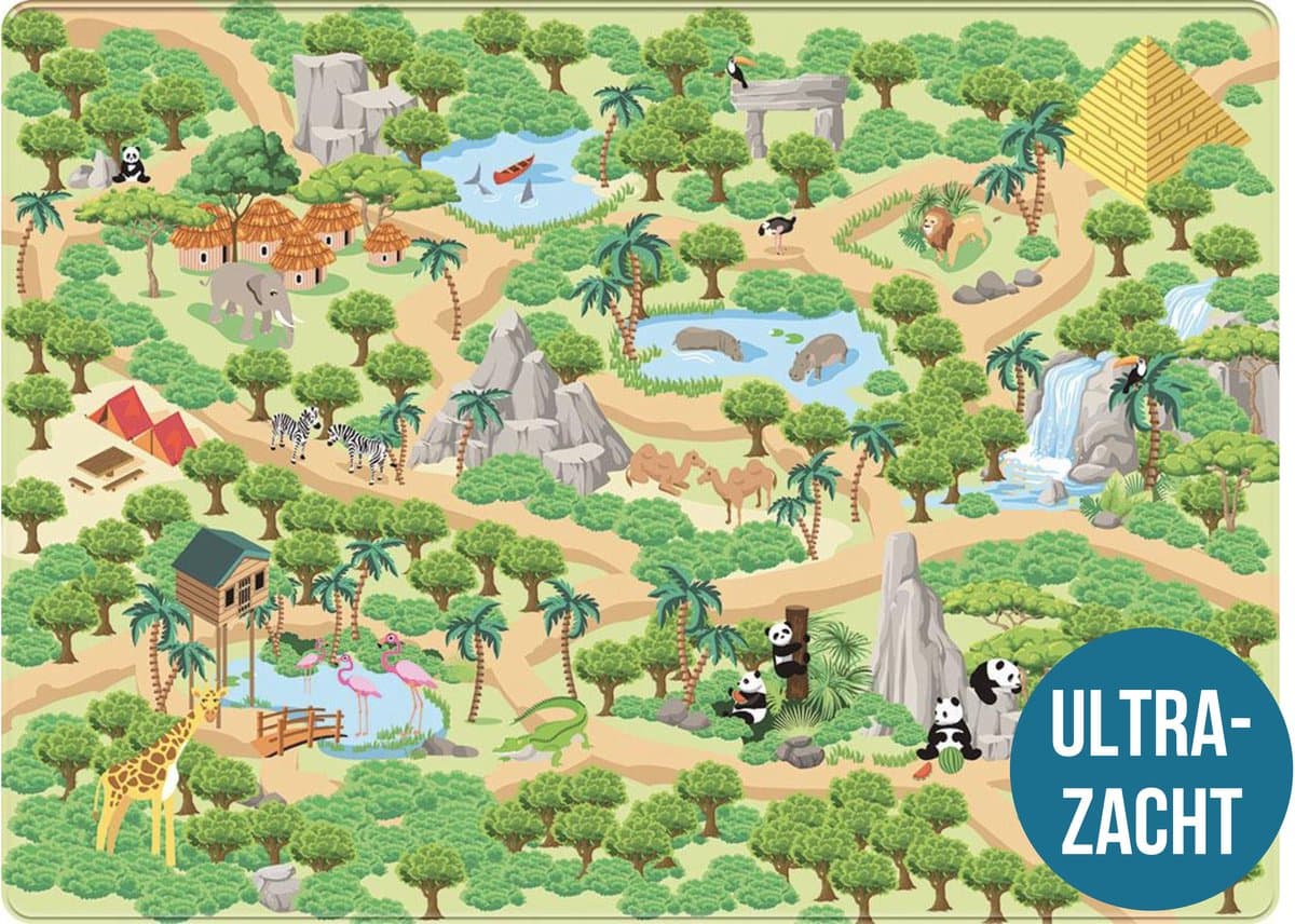 Mats & Joy® Jungle Safari Speelmat 130x180cm - Fluweelzacht - Anti-slip - Wasbaar - Speelmat Baby - Speelkleed Auto - Speeltapijt Kinderen Jungle - Autokleed