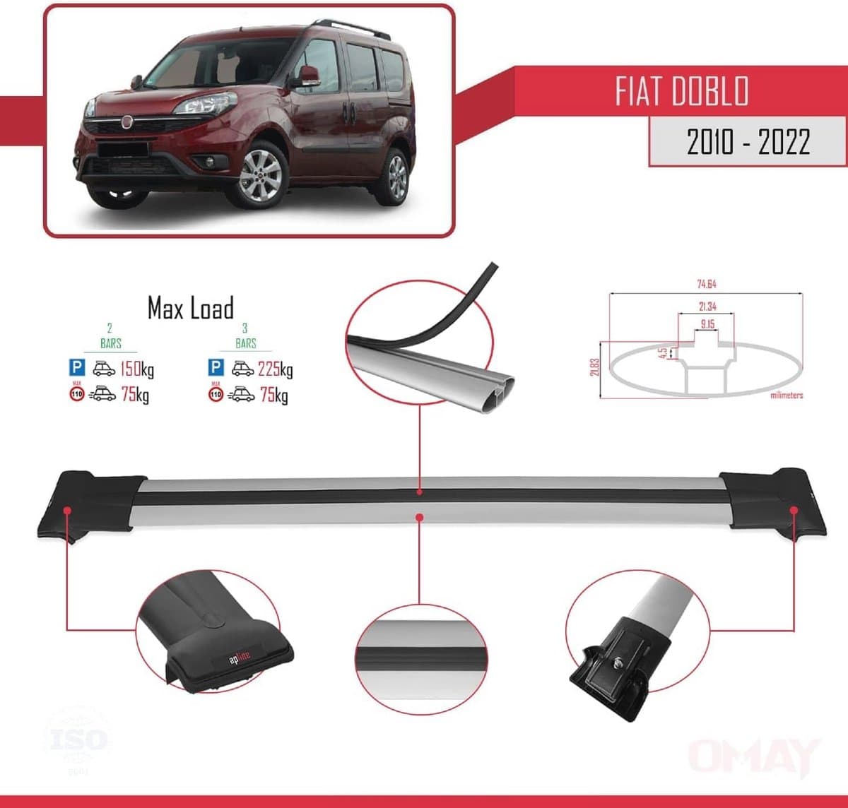 Dakdrager voor Fiat Doblo 2 (2010-2022) - Aluminium Spoorstaven voor Fietsen, Ski's en Dakkoffers thumbnail 6
