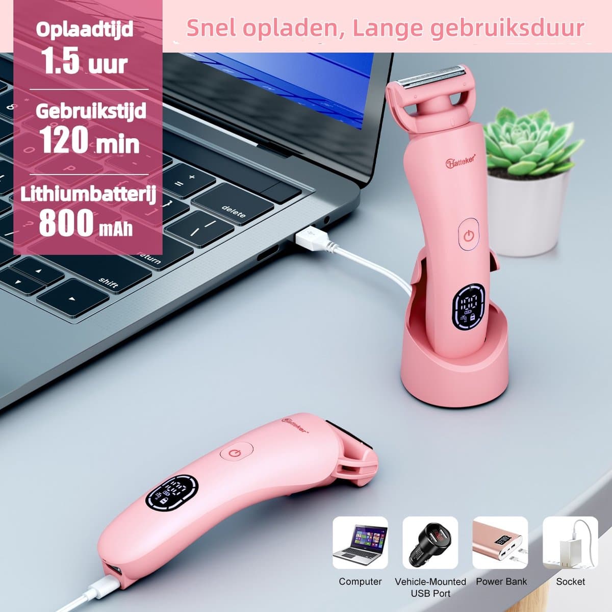 Hatteker 3-in-1 Ladyshave voor Vrouwen – Dames Scheerapparaat – Epileerapparaat – Trimmer voor Benen, Bikinilijn en Oksels – Epilator – Waterdicht IPX7 – Roze thumbnail 4