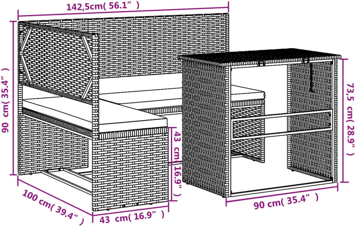 vidaXL - Tuinbank - met - tafel - en - kussens - L-vormig - poly - rattan - bruin thumbnail 7