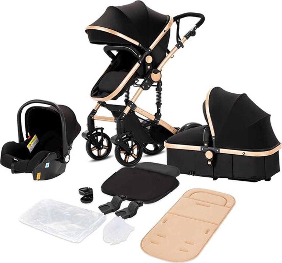 Luxe 3-in-1 Kinderwagen - Autostoeltje - Buggy - Reiswieg - Inklapbaar - 0-36 Maanden - Zwart/Goud