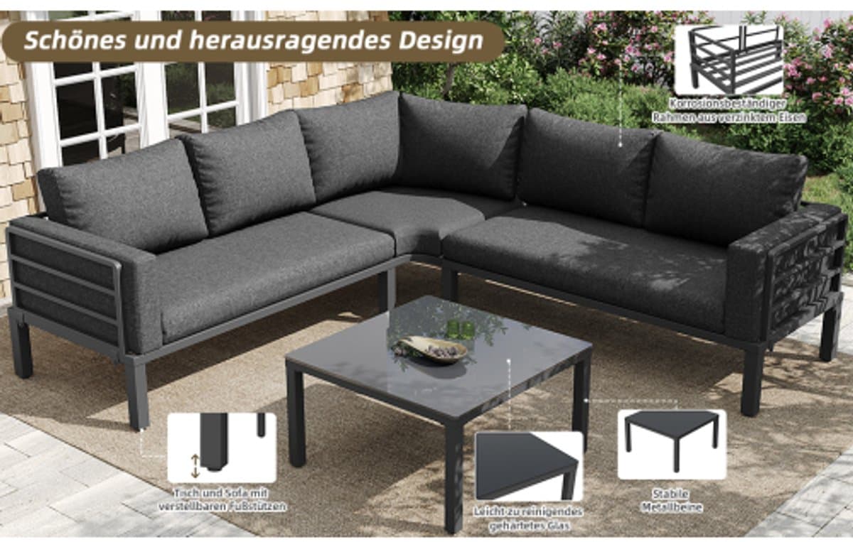 Tuinmeubelset (4-5 zitplaatsen), 1 salontafel van gehard glas, gegalvaniseerd ijzeren frame, comfortabel tuinmeubilair, grijze zitkussens en kussens, met verstelbare poten thumbnail 3