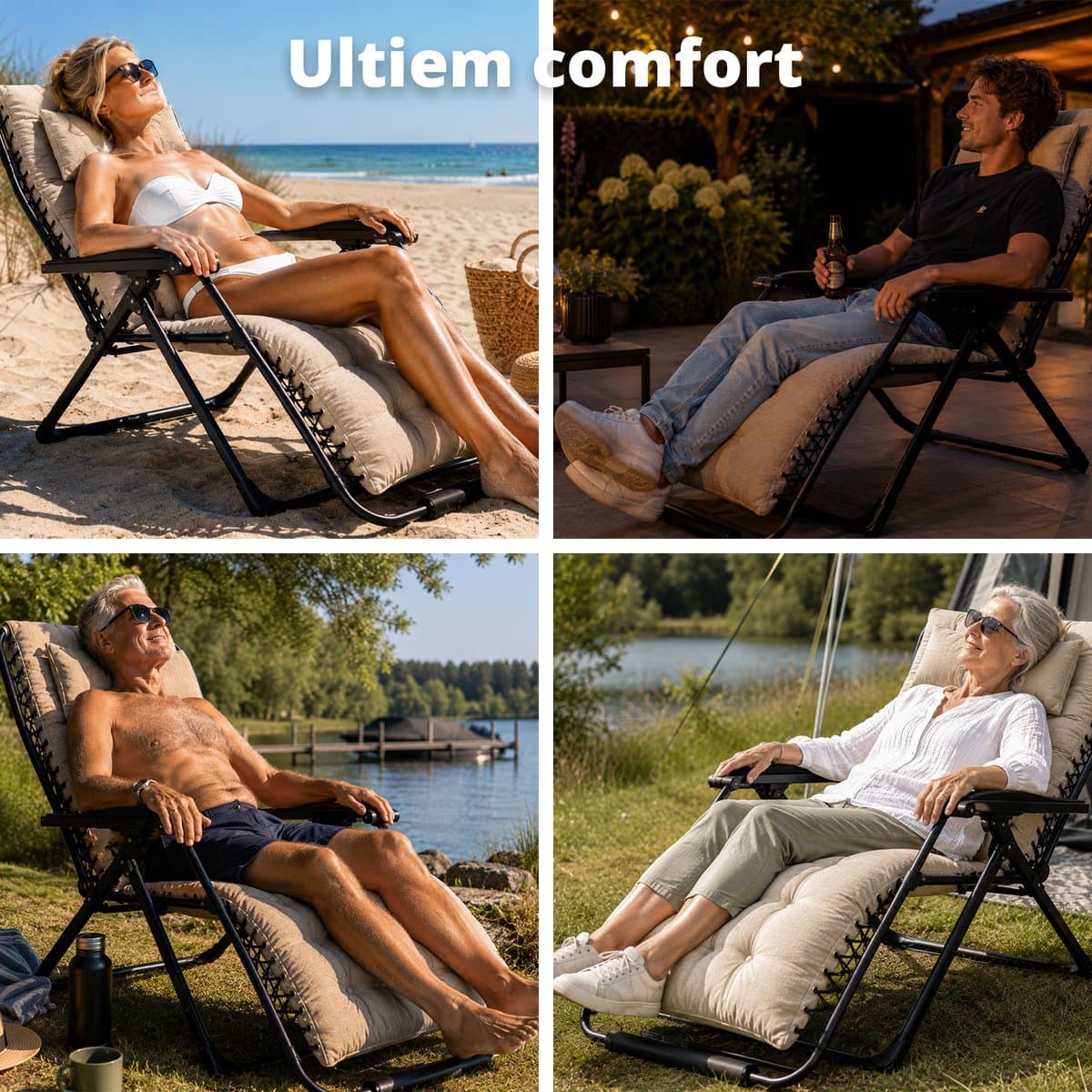 FlinQ 2x XL Relax Tuinstoelen Cloud Comfort Deluxe - Verstelbare Zero Gravity Relaxstoel - Extra breed - Extra dikke kussens - Hoofdkussen & Bekerhouder/Tafeltje - Ligstoel - Tuinmeubelen - Ideale Campingstoel - Ook voor Tuin of Balkon thumbnail 3