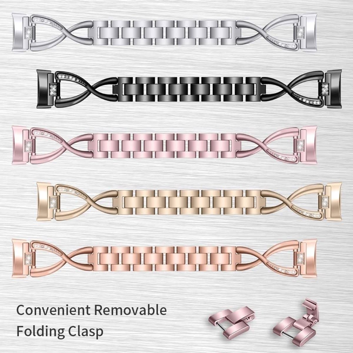 Vervangende Riem voor Fitbit Charge 6/Charge 5 - Rvs Stalen Band, X-Vormige Ketting Armband, Polsband Accessoire voor Activiteiten Tracker en Fitness Horloge thumbnail 3