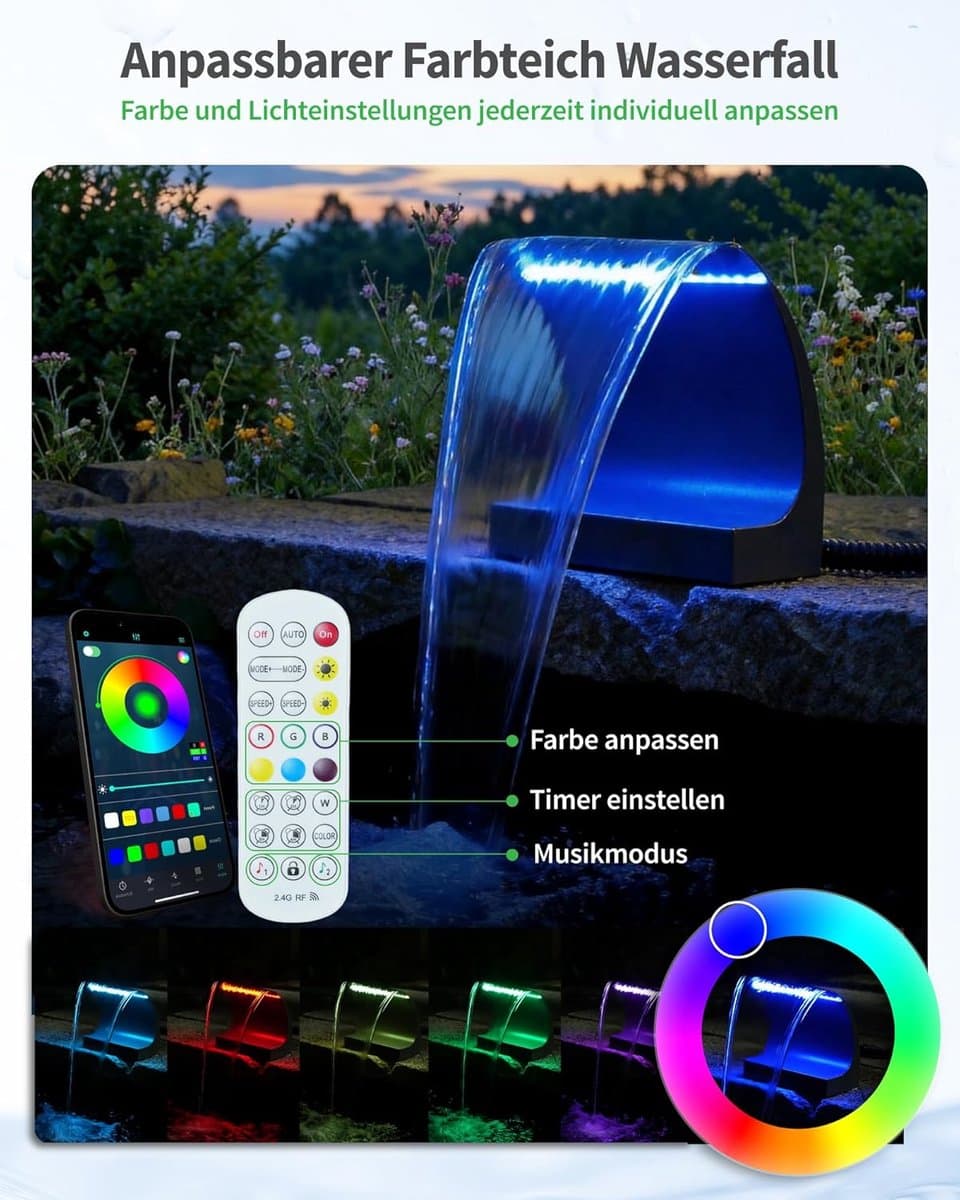 POPOSOAP 300C Watervalset voor vijvers-30 cm roestvrijstalen uitloop-6000 l/u 24V DC-pomp met ledverlichting-alles-in-één voor tuinvijvers-zwembaden en kleine tuinen[Energieklasse B] thumbnail 5