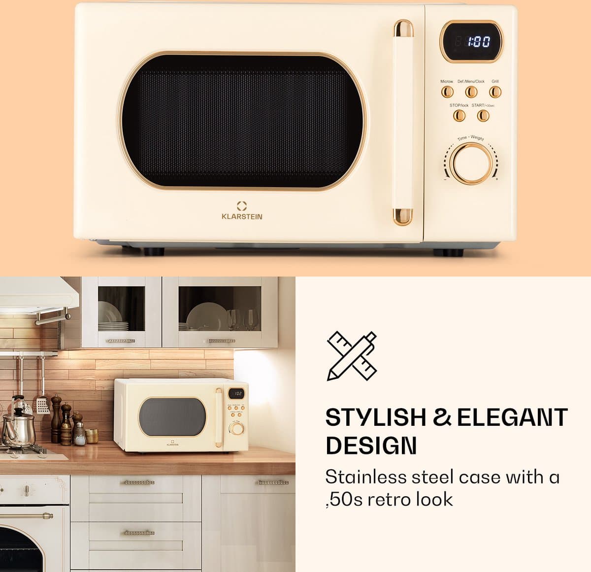 Klarstein Magnetron met Grill, 800 W, 20 Liter, 3-in-1 RVS Crème, Met Ontdooien en Pizzafunctie, Draaiplateau, Compact - voor Keuken - Bruin - Microwave Combimagnetron Microgolfoven Microwave Oven thumbnail 3