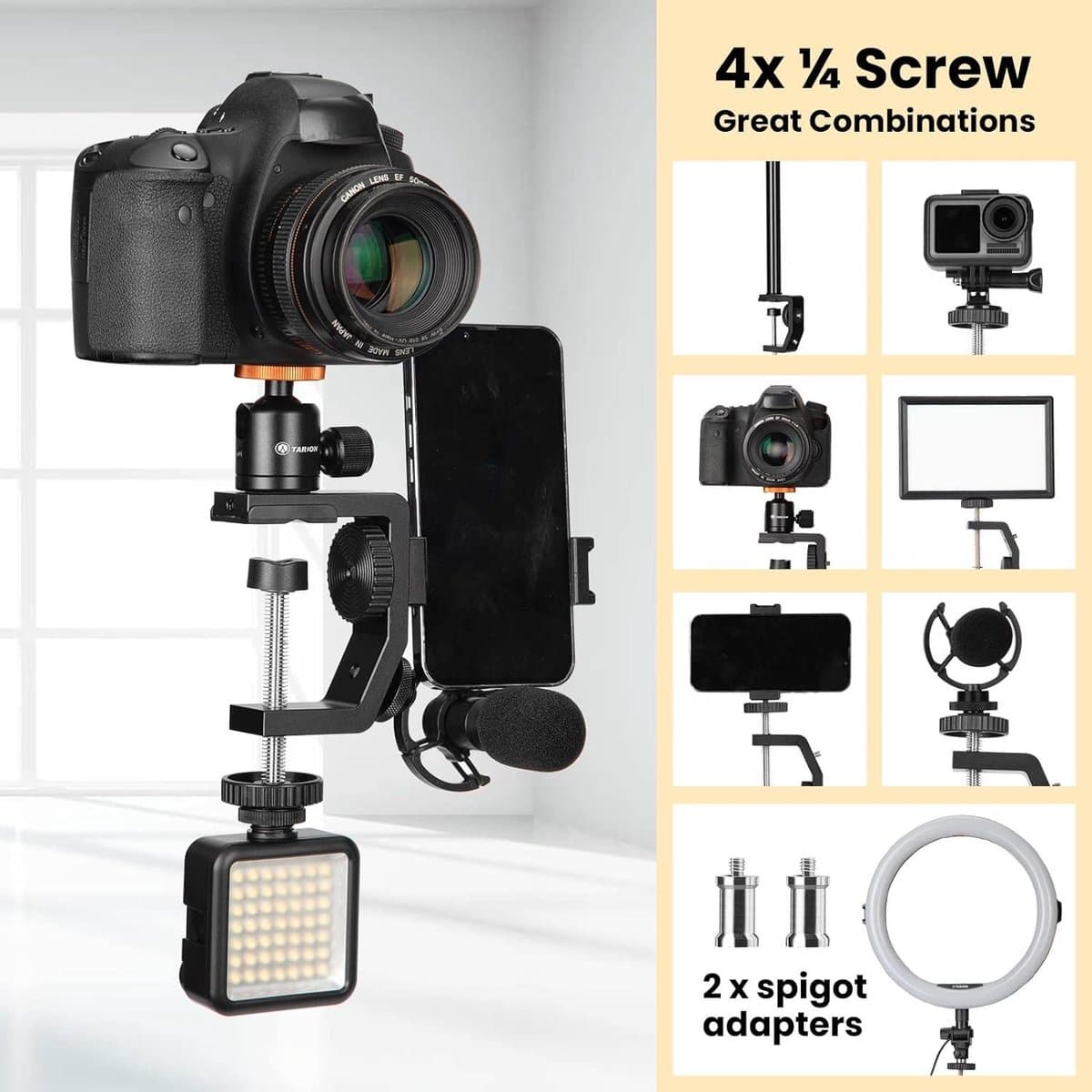 C-klem tafel standaard cameramontage met 1/4 inch schroef balhoofd - verstelbare verlengstang 33-60 cm - vlogging livestream fotografie - filmen - fotostudio licht thumbnail 2