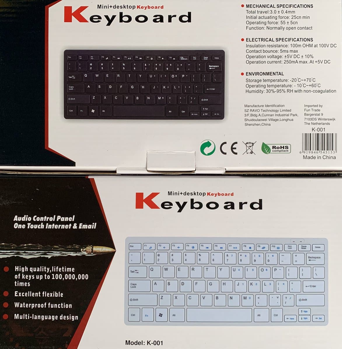 K001 Mini Toetsenbord, QWERTY (US), Ergonomisch en Ultradun, Zwart, Met draad, USB aansluiting, Mac + Windows thumbnail 6