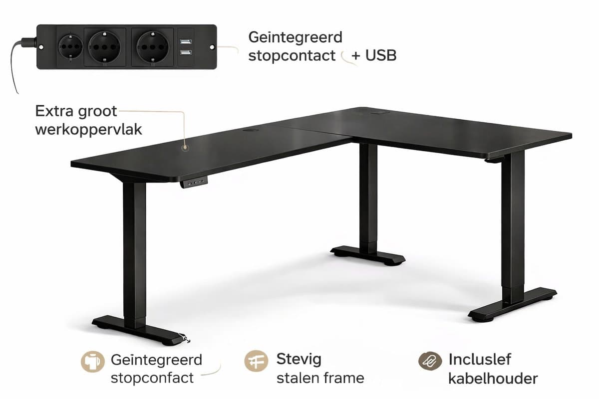 Signature Home Zit-Sta Bureau - Elektrisch in hoogte verstelbaar hoekbureau met laadstation - hoekbureau L vormig - 160 x 140 cm - zwart thumbnail 2