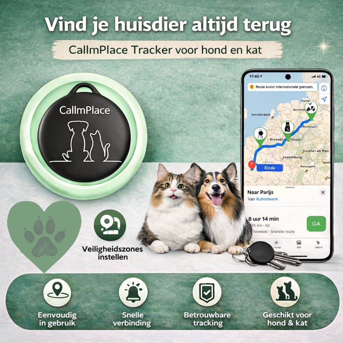CallmPlace Huisdier Tracker – GPS Tracker voor Hond & Kat – Apple Zoek Mijn – Bluetooth – Zonder Abonnement – Sleutel Finder thumbnail 4