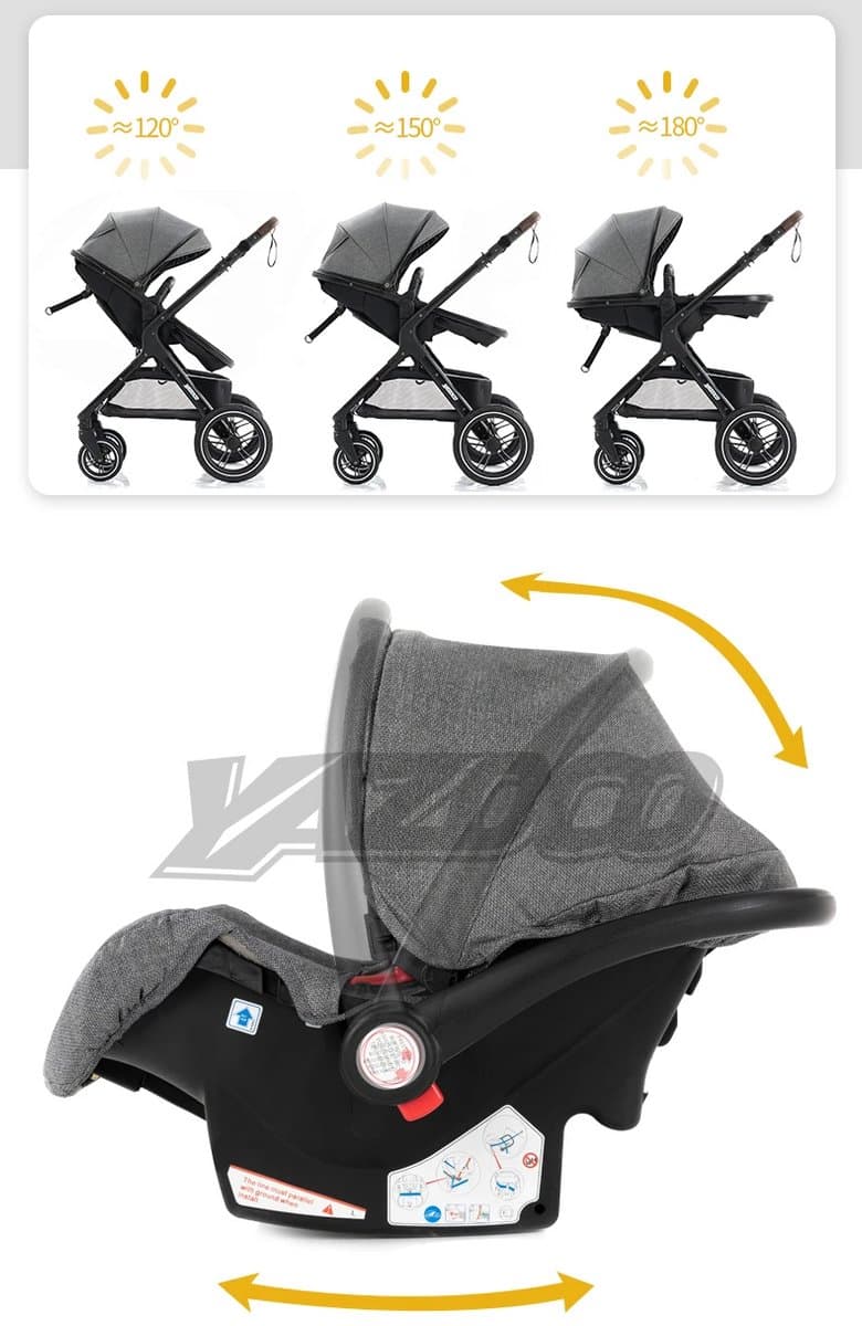 Luxe 3-in-1 Kinderwagen met Autostoel en Reiswieg – Opvouwbaar – Verstelbare Rugleuning Zwart thumbnail 4