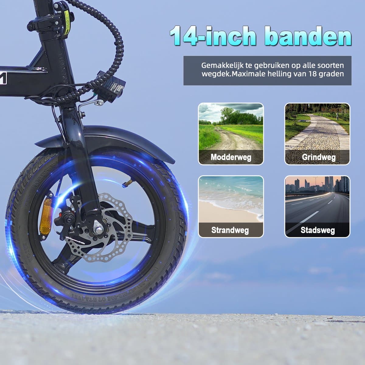 YEE GOO Elektrische Fiets - 250 W Motor - 36V 7,8Ah Batterij - 30-45 km Actieradius - 14 Inch Banden - Schijfremmen voor en achter - LED-verlichting en LCD-display - Draagbare e-bike voor woon-werkverkeer in de stad - Zwart thumbnail 6