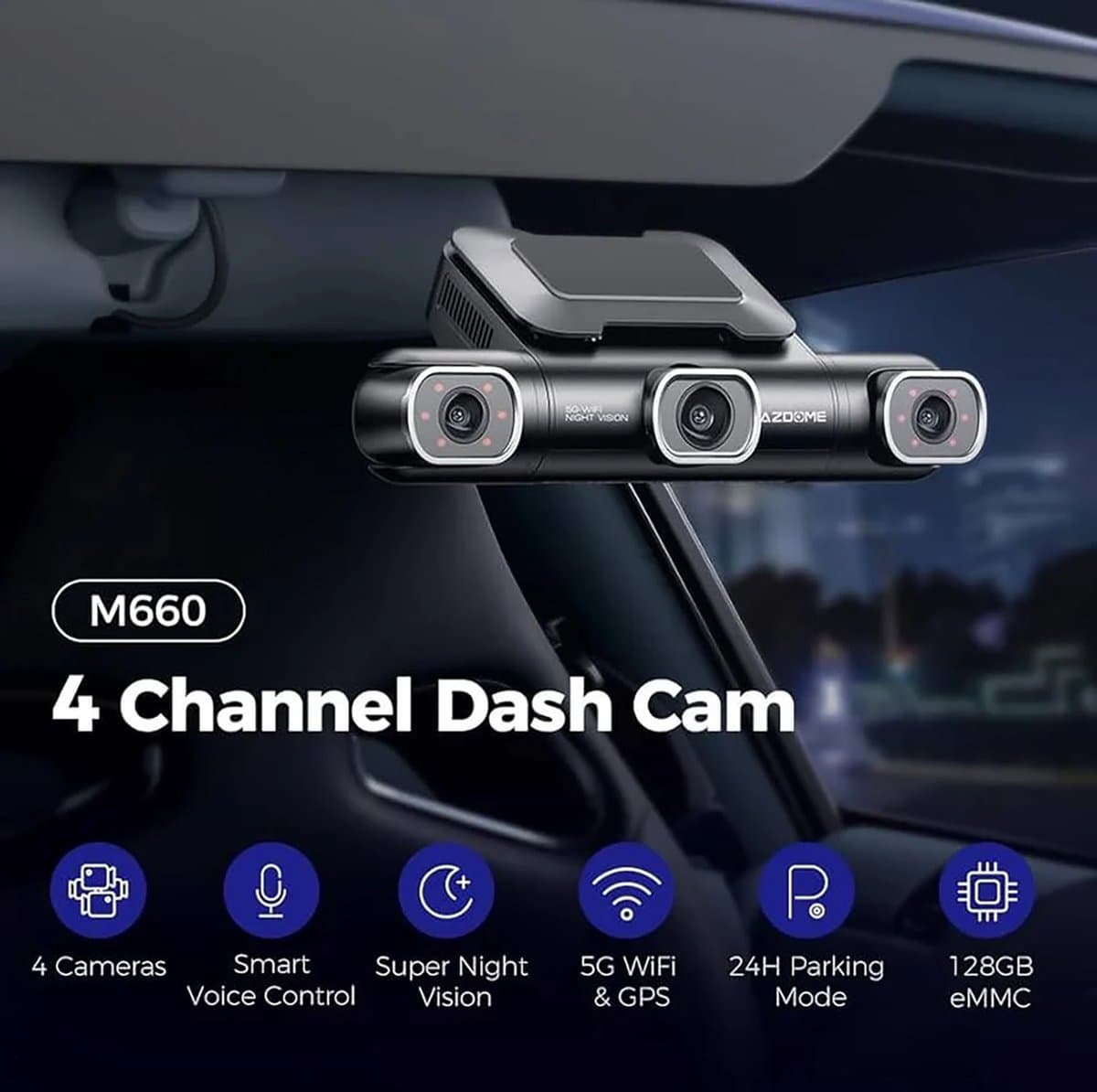 AZDOME M660 2.5K 4CH 360° Dash Cam, Geheugenkaart 256GB + 64GB, 4 Camera's (voor + achter + links + rechts), GPS, 5G WiFi, 3" Touchscreen, G-Sensor & IR Nachtzicht - Professionele Auto Beveiliging - Haarscherpe Nachtzicht - Dashcam Auto 2026 Model thumbnail 2