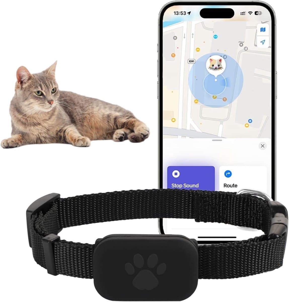 GPS Kattentracker - Tracker - Tracker Kat - Tracker Hond - Tracker Android - Waterdicht - Zonder Maandelijkse Kosten - Werkt met iOS/Android - CR2032 Batterij (1+ Jaar) - Verstelbare Nylon Halsband - Zwart