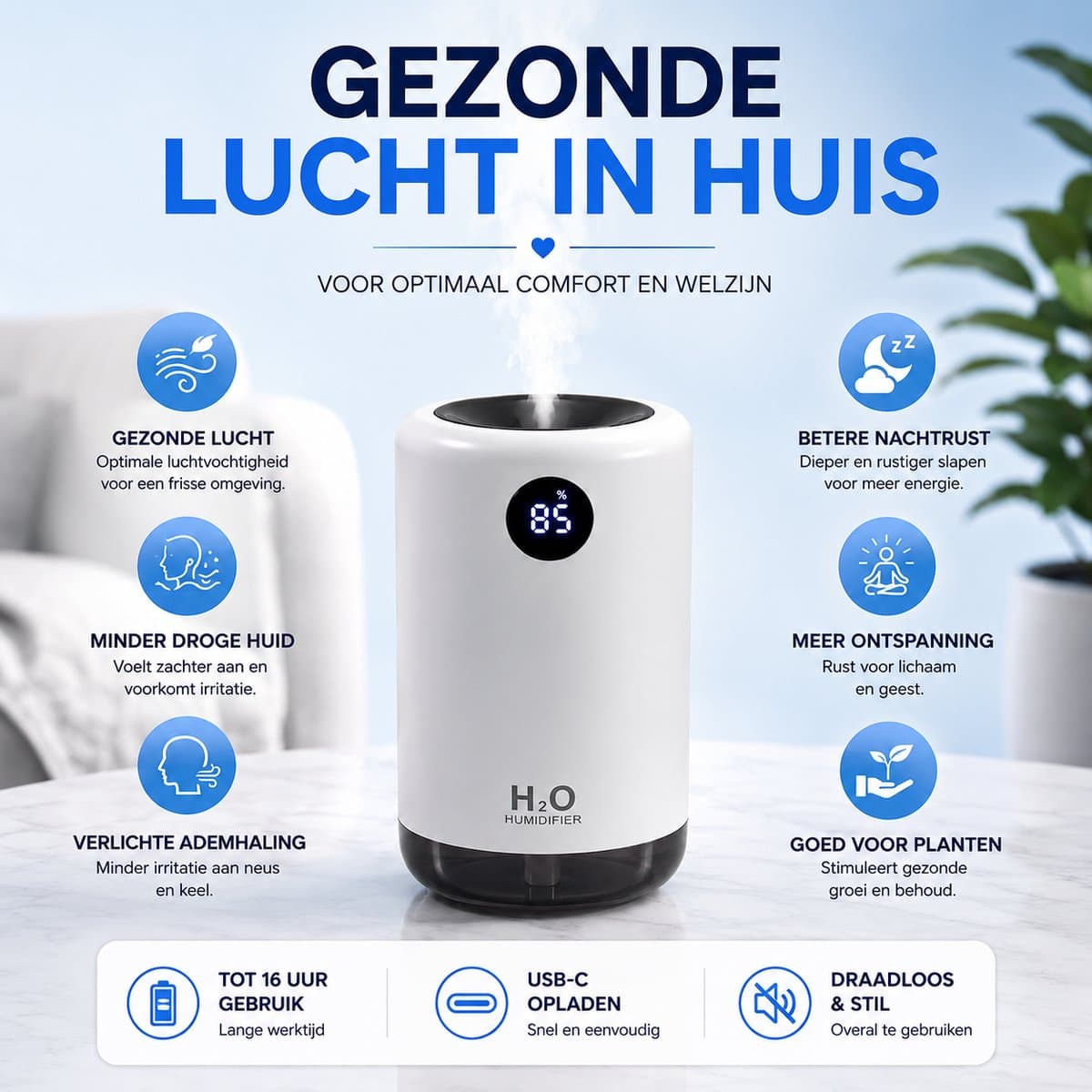 The Care Store Draadloze Luchtbevochtiger 500ML - Voor Slaapkamer, Kantoor & Woonkamer - USB-C Oplaadbaar - LED Display - Wit thumbnail 7
