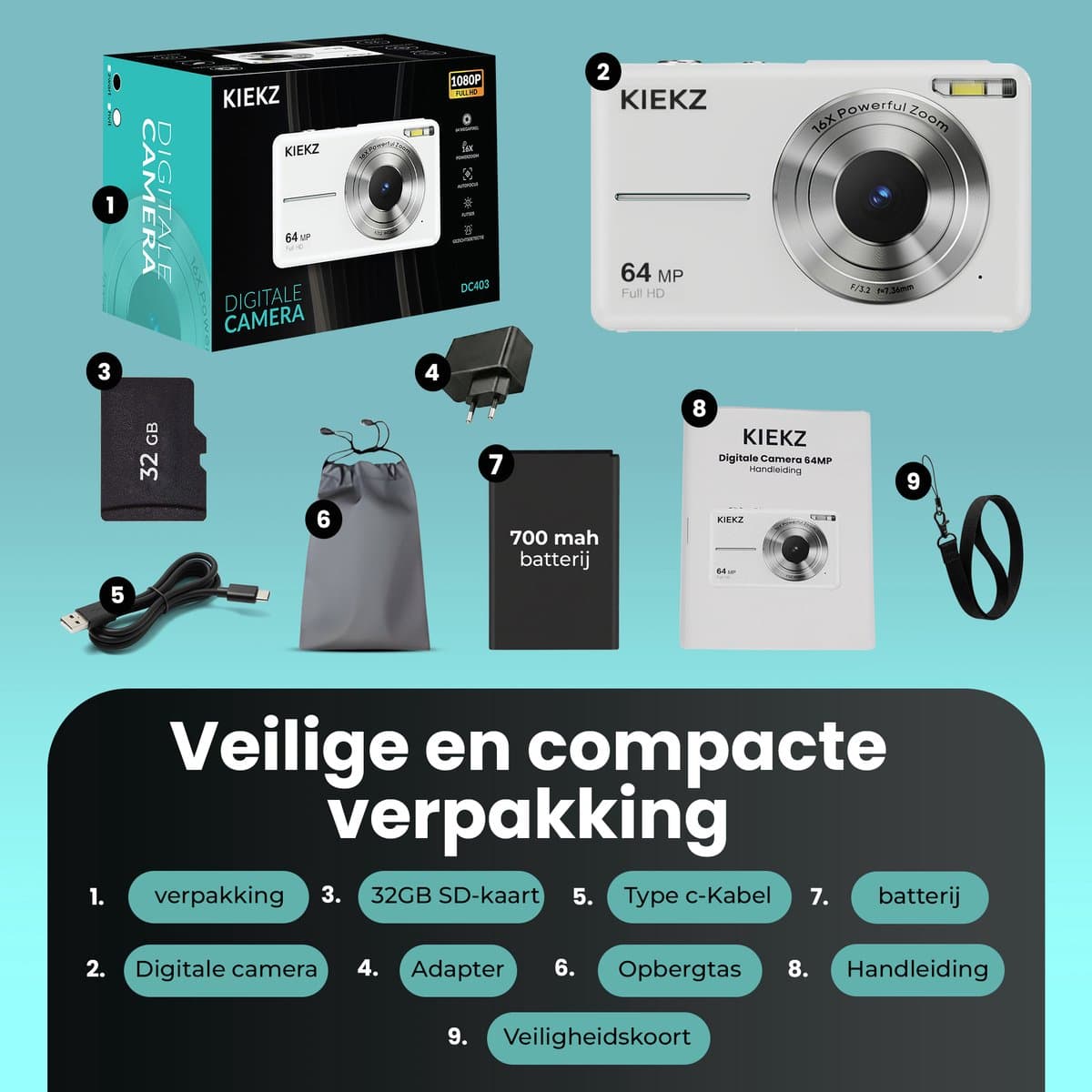 Kiekz Digitale Camera 64MP - Fotocamera Full HD - Compact Camera - Fototoestel - Autofocus - Ideaal voor Kinderen en Beginners - Inclusief 32GB SD Kaart - Wit thumbnail 6