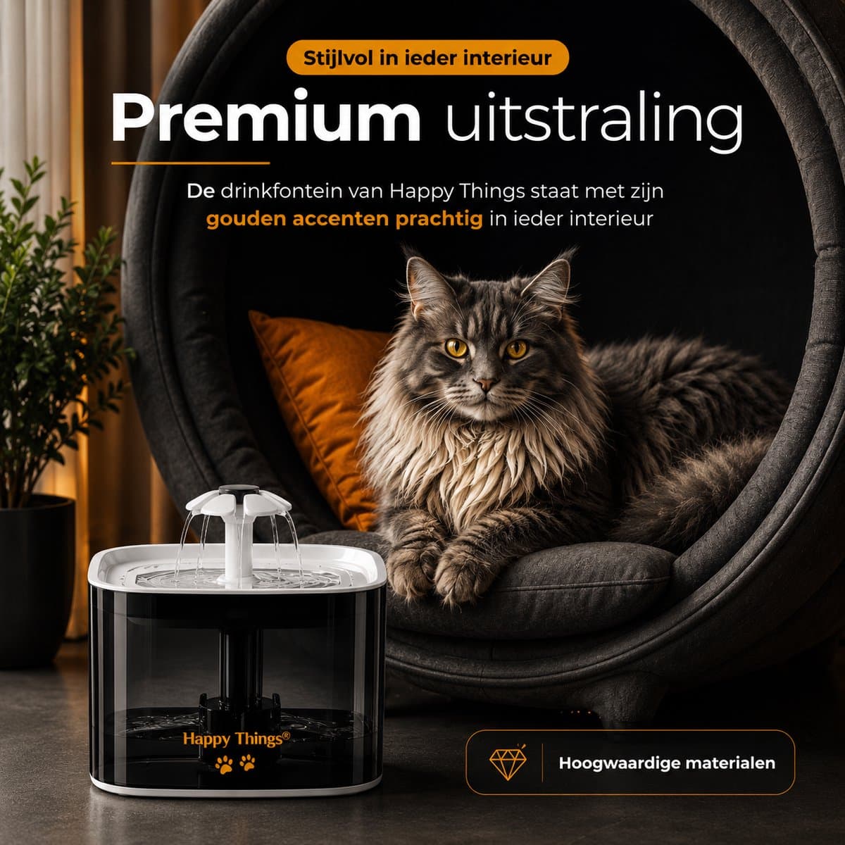 Happy Things - Drinkfontein Hond en Kat - Geruisloos - 2.5 L - Transparant Zwart met Goud - incl 4 Filters thumbnail 4
