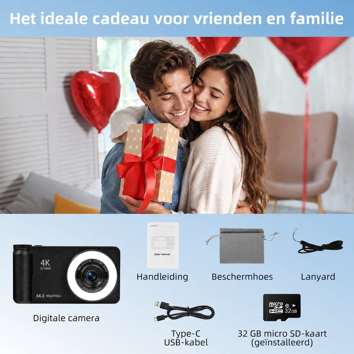 4K 64MP Digitale Camera - Beauty Licht - Fotocamera - Compact Camera - Vlog Camera - Fototoestel - 180° Flip Scherm - Autofocus - 18X Zoom - Vlog Camera met 32GB Kaart thumbnail 7