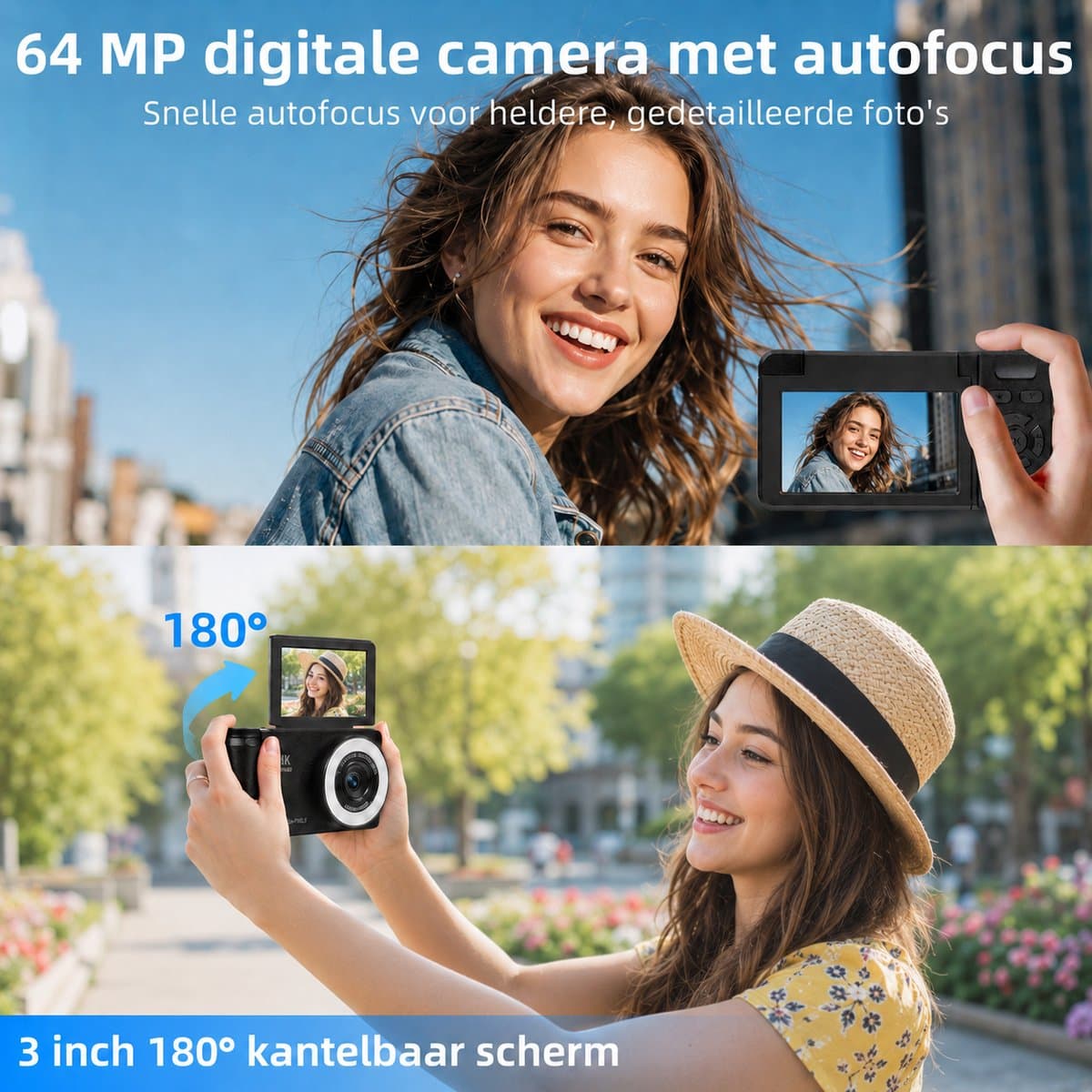 4K 64MP Digitale Camera - Beauty Licht - Fotocamera - Compact Camera - Vlog Camera - Fototoestel - 180° Flip Scherm - Autofocus - 18X Zoom - Vlog Camera met 32GB Kaart thumbnail 4