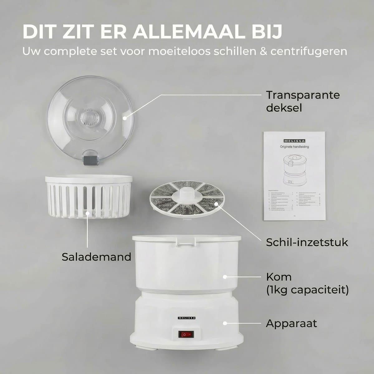 Melissa Elektrische Aardappelschiller - 85W - Aardappelschrapmachine met slacentrifuge - 16220008 - Wit thumbnail 4