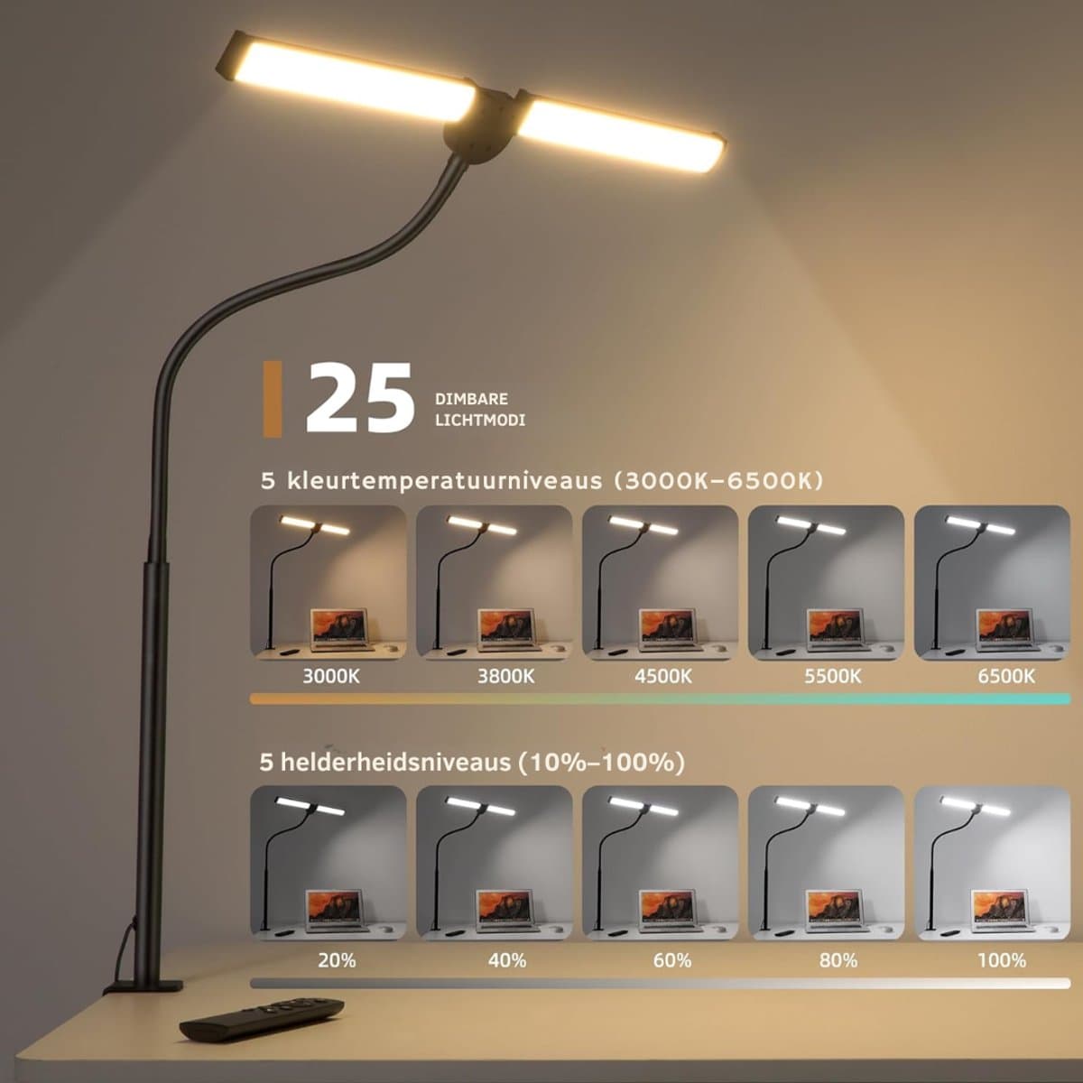 HEZIVO® Daglicht Bureaulamp - Tafellamp - Daglichtlamp - Lichttherapie - Dimbaar - 5 Kleuren - Met Klem thumbnail 5