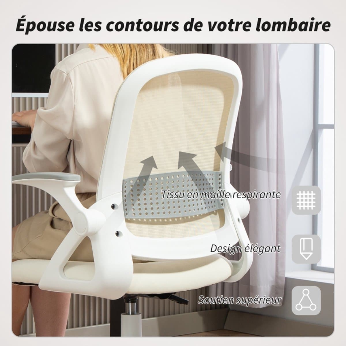 Ergonomische-Bureaustoel-Mesh-Verstelbare-Hoogte-Opklapbare-Armleuningen-360°-Draaistoel-Ademende-Office-Chair-Wit-Comfortabele-Thuiswerk-Stoel thumbnail 7