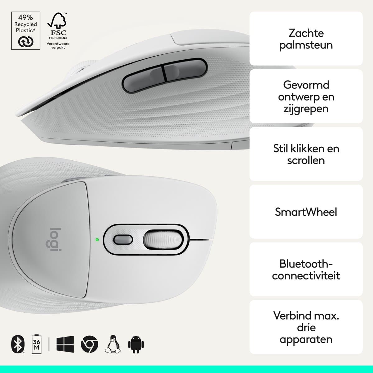 Logitech Signature Comfort Plus M850L - Draadloze Bluetooth Muis - Ergonomisch - Wit thumbnail 3