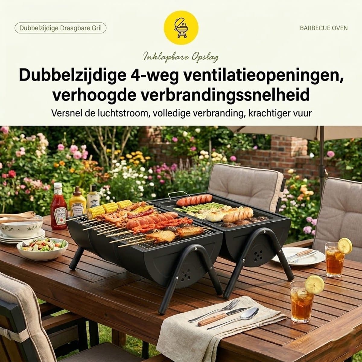 Draagbare Houtskool BBQ – Opvouwbare Barbecue met Deksel – 2-in-1 Grill & Bakplaat – Camping BBQ, Balkon BBQ, Tafel BBQ – Compacte BBQ Grill voor Tuin & Outdoor thumbnail 2